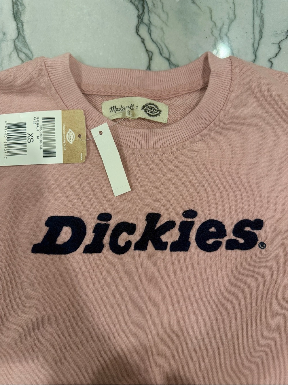 Madewell x Dickies Collab Pink Crewneck Sweatshirt with Navy Logo